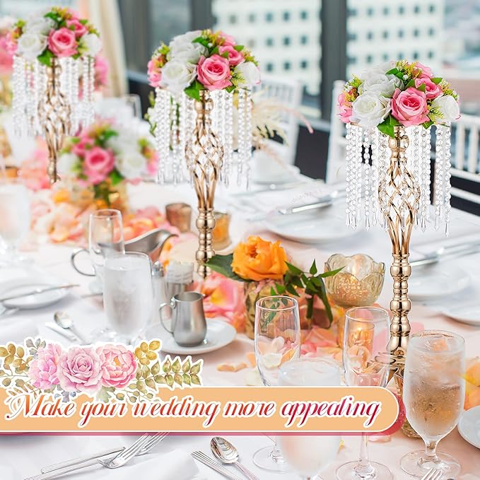 Amylove 10 Pcs Wedding Centerpieces Tall Vases - 21.7 Inch Gold Crystal Geometric Flower Stand, Elegant Table Decor for Wedding Reception, Party, Banquet, Hotel Decorations