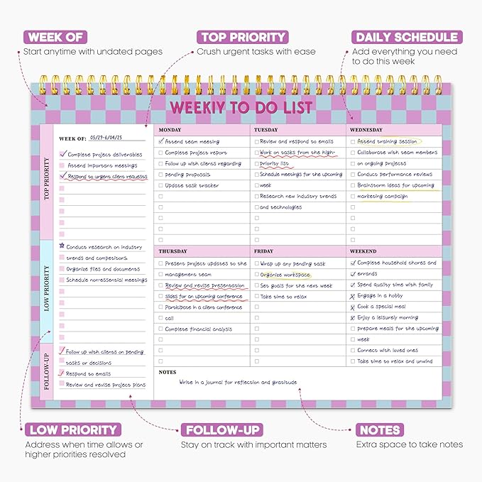 Taja Weekly To Do List Notepad with 52 Undated Sheets（8.5"×11"）- Weekly Desk Planner for Women & Man, Work and Home - 1 Pack Lavender Checkered