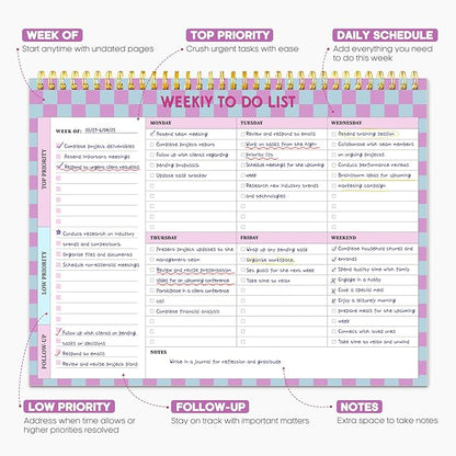 Taja Weekly To Do List Notepad with 52 Undated Sheets（8.5"×11"）- Weekly Desk Planner for Women & Man, Work and Home - 1 Pack Lavender Checkered