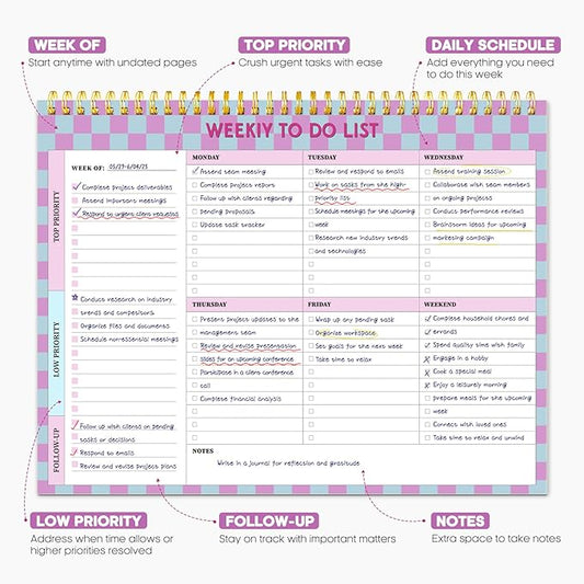 Taja Weekly To Do List Notepad with 52 Undated Sheets（8.5"×11"）- Weekly Desk Planner for Women & Man, Work and Home - 1 Pack Lavender Checkered