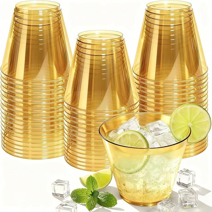 50 Pack Plastic Cups 9 oz Gold Clear Plastic Cups for Cocktail Fancy Disposable Cup for Party Stemless Wine Glasses for Wedding Thanksgiving Christmas Party Graduation