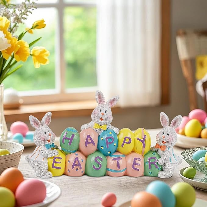 DR.DUDU Easter Decorations Eggs Bunny, Hand-Painted Resin Tabletop Centerpiece, Decor Bunny Figurine for Home Room Table Office Party (Happy Easter)