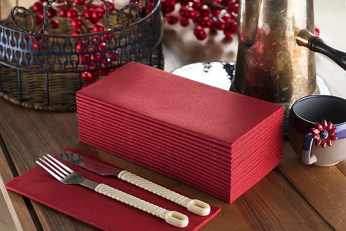 Red Paper Napkins | Linen Feel Guest Disposable Cloth Like Dinner Napkins | Hand Towels | Soft, Absorbent, Paper Hand Napkins for Kitchen, Bathroom, Parties, Weddings, Dinners | 50 Pack