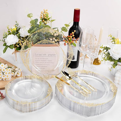 100 PCS Clear and Gold Plastic Plates for 50 Guests, Clear Disposable Plates Include 50 PCS Dinner Plates, 50 PCS Dessert Plates for Party, Wedding and Graduation
