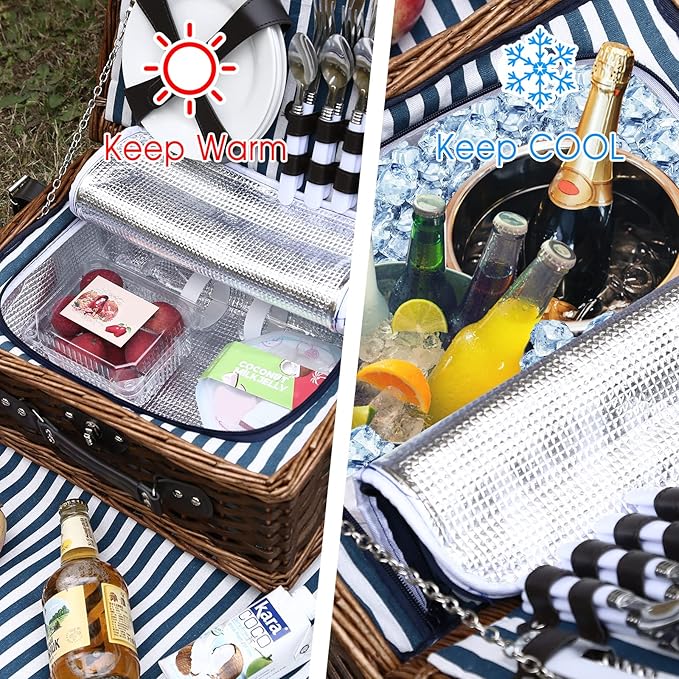 Picnic Basket for 4 with Waterproof Picnic Blanket and Insulated Cooler, Wicker Picnic Set, Willow Hamper for Camping, Outdoors, Photoshoot, or a Birthday, Mother's Day, Wedding Gift, Blue