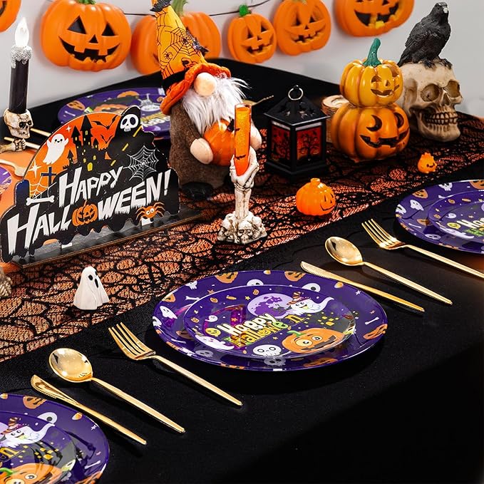 U-QE 20Pcs Halloween Plastic Plates - Cute Ghost and Pumpkins Design - Purple Plastic Plates Includes 10 10.25" Dinner & 10 7.5" Salad Plate - Perfect for Halloween Party, Ghost Party