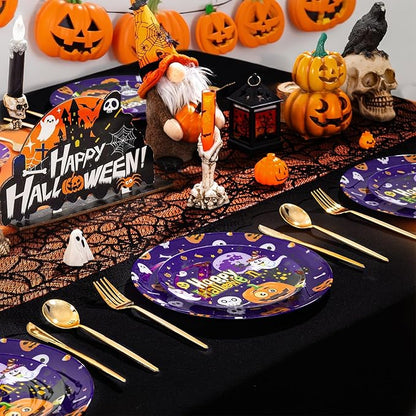 U-QE 20Pcs Halloween Plastic Plates - Cute Ghost and Pumpkins Design - Purple Plastic Plates Includes 10 10.25" Dinner & 10 7.5" Salad Plate - Perfect for Halloween Party, Ghost Party