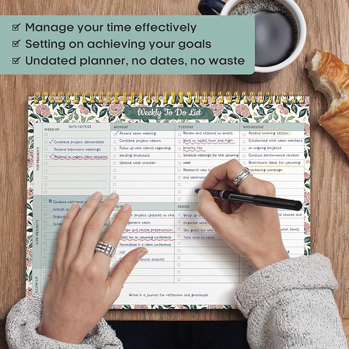 Taja Weekly To Do List Notepad with 52 Undated Sheets（8.5"×11"）- Weekly Desk Planner for Women & Man, Work and Home - 1 Pack Rose Meadow