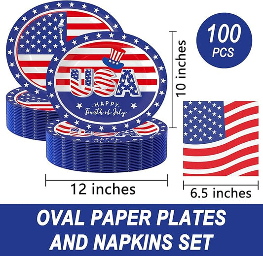 100Pcs 4th of July Oval Paper Plates and Napkins,10" x 12" Large Disposable Independence Day Plates for July Fourth Patriotic Party