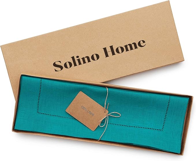 Solino Home Linen Placemats Set of 4 - Classic Hemstitch Teal Placemats 14 x 19 Inch - 100% Pure Linen Table Mats for Fall, Autumn, Christmas, New Year