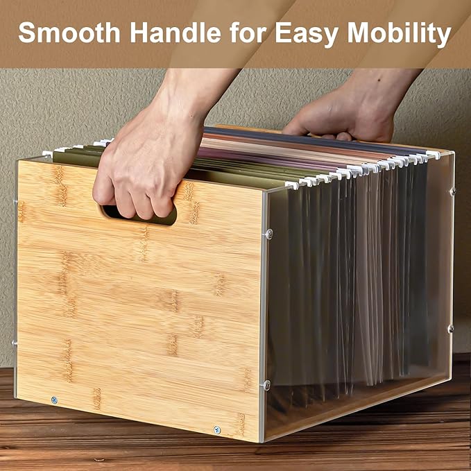 3 Pack Hanging File Organizer, Clear Acrylic File Box Organizer, Bamboo Filing Box File Crate Organizer Storage Boxes, Portable Filing Organizer with Handle for Letter Size