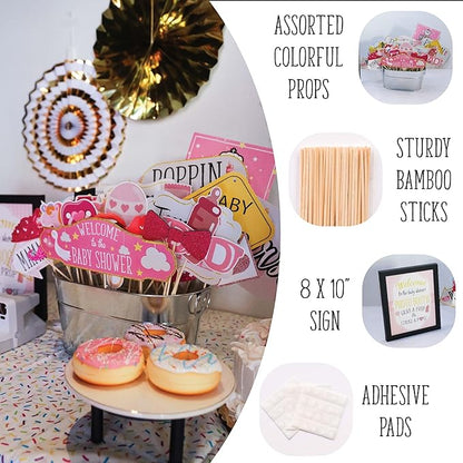 Girl Baby Shower Photo Booth Props - 41-pc Photobooth Kit with 8 x 10-Inch Sign, 60 Adhesive Pads, 45 Sticks - Baby Photo Booth Props Girl - Photo Props for Baby Shower