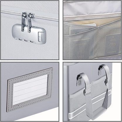 ENGPOW File Box with Lock, Fireproof Document Box with Zipper＆Pockets, Collapsible File Organizer Filing Storage Cabinet with Handle, Portable Home Office Safe for Hanging Letter/Legal Folder,Silver
