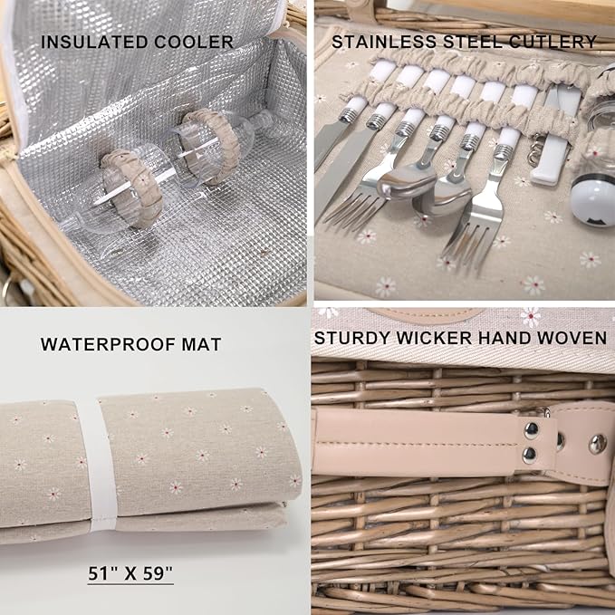 Multifunctional Wicker Picnic Basket Set for 2 with Blanket and Picnic Table, Insulated Picnic Set with Full Tablewares for Camping Outdoor Couples, Flowers