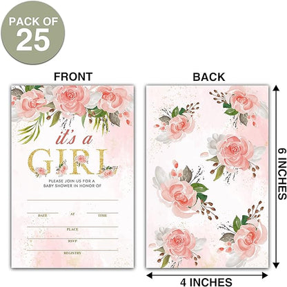 ISOVF 25 Blush Pink Floral Baby Shower Invitation Cards With Envelopes (4" x 6") - Baby Gender Reveal Party Invites For Adults Kids - It's A Girl Baby Shower Party Decorations Supplies(YQK-B01)