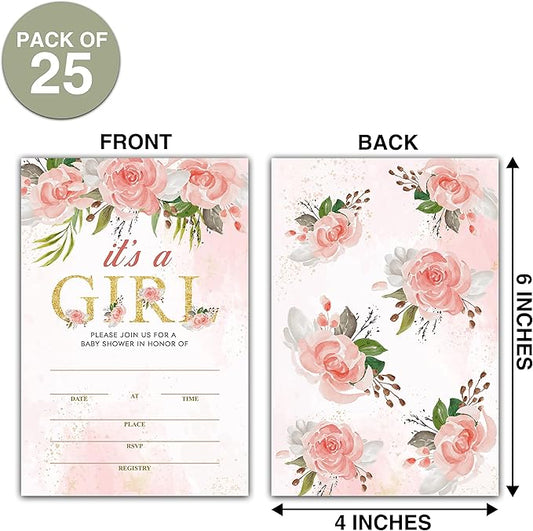 ISOVF 25 Blush Pink Floral Baby Shower Invitation Cards With Envelopes (4" x 6") - Baby Gender Reveal Party Invites For Adults Kids - It's A Girl Baby Shower Party Decorations Supplies(YQK-B01)