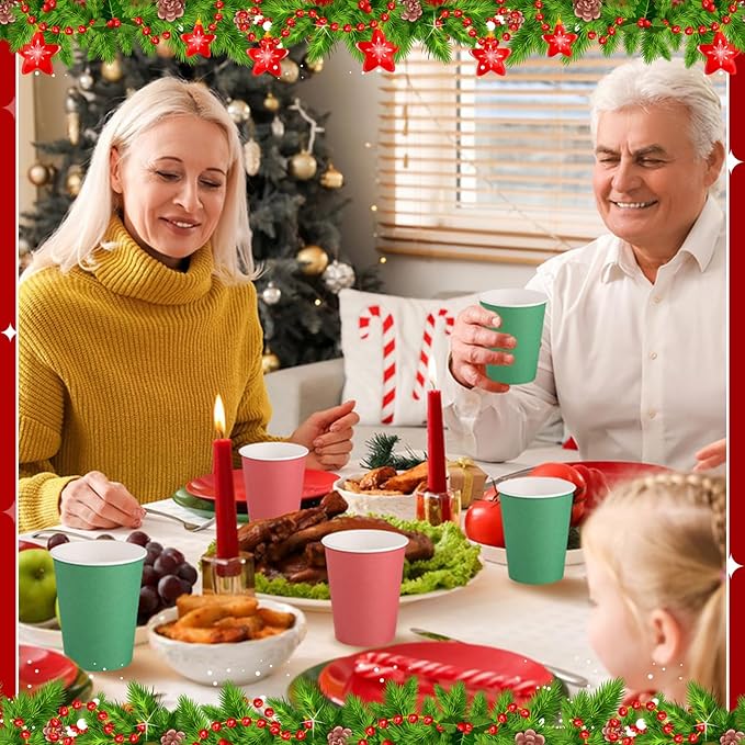 100 Pack Red Green Paper Cups, 9oz Christmas Party Cups Bulk Paper Cups, Disposable Drinking Cups for Birthday Holiday Christmas Party Supplies, 2 Colors