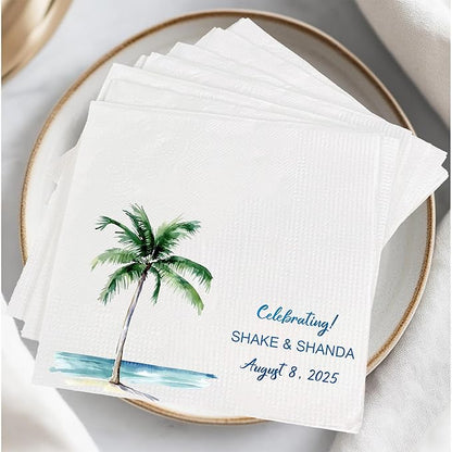 Luxury Custom Cocktail Napkins Wedding, Pack 50 100 150 500 Anniversary Party, Monogram Initials, Rehearsal Dinner Table Decor, Beverage & Luncheon, Saga Green, White Decor Style 4