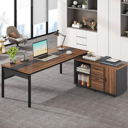 Tribesigns 71 inch Executive Desk, L-Shaped Desk with Mobile File Cabinet, Executive Office Table with 2 Drawers and Storage Shelves, Business Furniture Workstation for Home Office, Walnut and Black