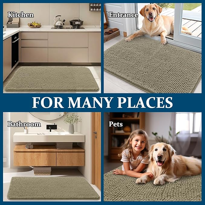 OLANLY Dog Door Mat for Muddy Paws 30x17, Absorbs Moisture and Dirt, Absorbent Non-Slip Washable Doormat, Quick Dry Chenille Mud Mat, Entry Indoor Entryway Carpet for Inside Floor, Warm Taupe