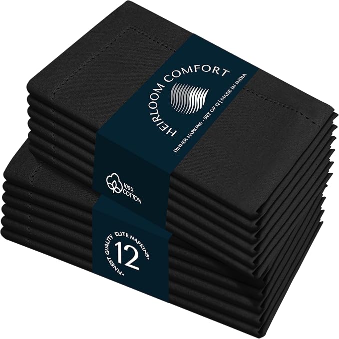 Black Cloth Napkins 18"x18" - Set of 12 - Absorbent, Soft, Durable, Washable, Reusable 100% Cotton - Hemstitch Mitered Edges - Ideal for Everyday, Parties, Weddings, Formal Dinners