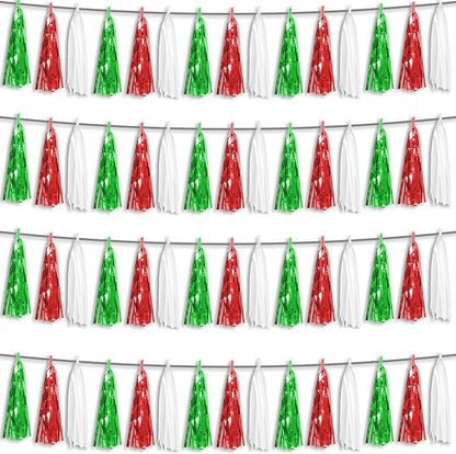4P Red Green White Foil Fringe Metallic Tassel Streamers Banner Tassel Garland for Parade Floats, Graduation, Wedding, Birthday, Halloween, Christmas, Mexican Italian Birthday Party Decorations