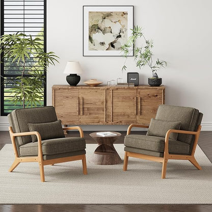 Accent Chair with Solid Wood Frame, Mid-Century Relaxing Armchair Lumbar Pillow& Soft Cushion, Reading Leisure Chair for Living Room, Bedroom, Waiting Room-Green