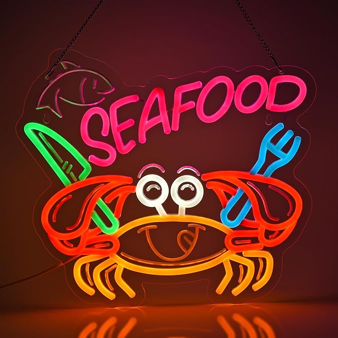 Seafood Neon Sign, Neon Lights Hanging Wall Art Decoration for Restaurant Shop Market Mall Grocery Bar Celebration Home Decor, USB Powered Ultra Bright Dimmable, 14.96 * 12.6inches