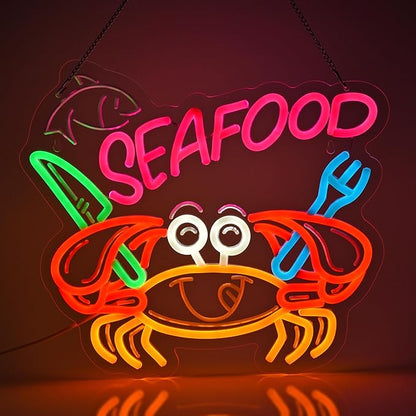 Seafood Neon Sign, Neon Lights Hanging Wall Art Decoration for Restaurant Shop Market Mall Grocery Bar Celebration Home Decor, USB Powered Ultra Bright Dimmable, 14.96 * 12.6inches