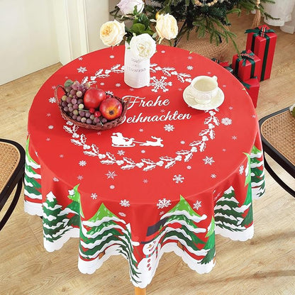 Eikione Christmas Tablecloth Round 60Inch, Christmas Tree+Santa Claus Table Cloth, Wipeable Table Cover for Picnic Party