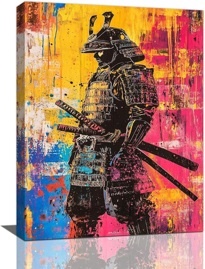 Japanese Wall Art, Graffiti Samurai Pictures Wall Decor, Banksy Samurai Canvas Prints, Japan Painting, Framed Artwork for Bathroom Living Room Bedroom Office Dining Room 20"X16"