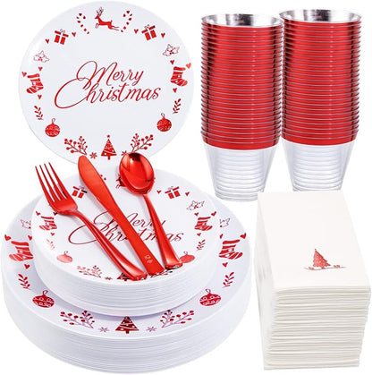 Liacere 175PCS Red and White Disposable Christmas Plastic Plates - Include 25 Dessert Plate, 25 Dinner Plates, 25 Knives, 25 Spoons, 25 Forks, 25 Cups, 25 Napkins for Christmas Party