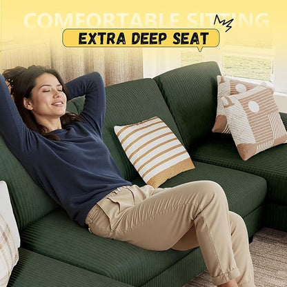 JUMMICO Sectional Couches for Living Room, U Shaped Couch with Chenille Fabric, 4 Seat Modern Sofa with Removable Pillows for Apartment and Small Space (Corduroy, Light Green)