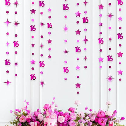 Hot Pink Number 16 Circle Dot Twinkle Star Garland Hanging Streamer Bunting Banner Backdrop Decorations for Girls Happy 16th Birthday Sweet Sixteen 16th Anniversary Cheers to 16 Years Party Decor