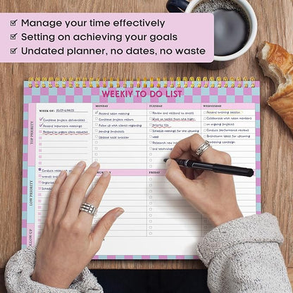 Taja Weekly To Do List Notepad with 52 Undated Sheets（8.5"×11"）- Weekly Desk Planner for Women & Man, Work and Home - 1 Pack Lavender Checkered