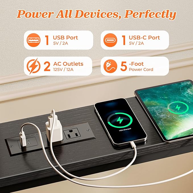 SUPERJARE Sofa Table with 2 Power Outlets and USB-C Ports, 5.9 Inch Narrow Console Table with Storage, Extra-Long, for Entryway Hallway Couch Behind Sofa, Small Spaces (Black, 5.9"D x 86.6"W x 29.7"H)
