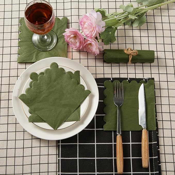 200 Pack Cocktail Napkin 2-Ply Scalloped Edged Dessert Napkins Folded 5 x 5 Inches Disposable Napkins for Dinner Wedding Birthday Party Bridal Anniversary Reception Event (Green)