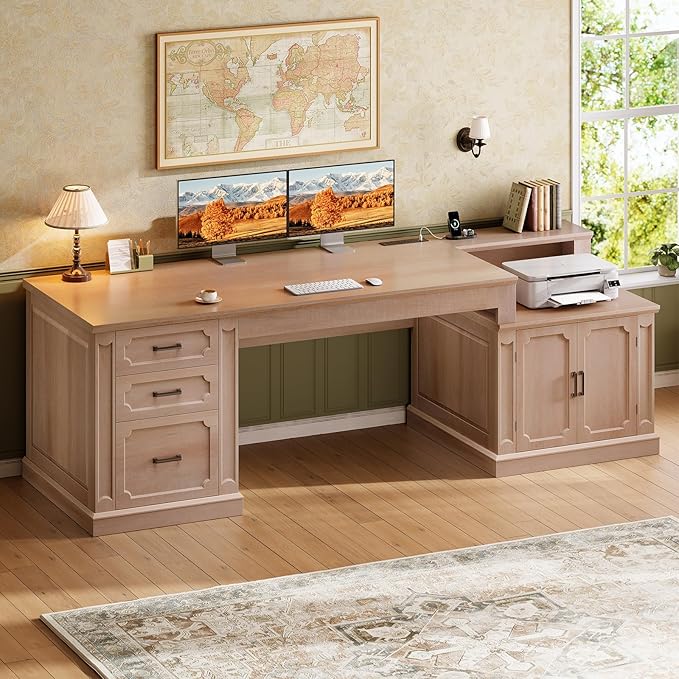 SEDETA Farmhouse 70.9" Executive Desk, Home Office Desk with File Drawers and Storage Cabinet, Computer Desk with Power Outlet for Home Office, Work Study Writing, Natural Oak