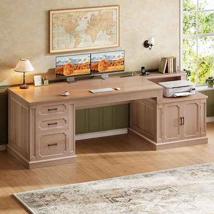 SEDETA Farmhouse 70.9" Executive Desk, Home Office Desk with File Drawers and Storage Cabinet, Computer Desk with Power Outlet for Home Office, Work Study Writing, Natural Oak