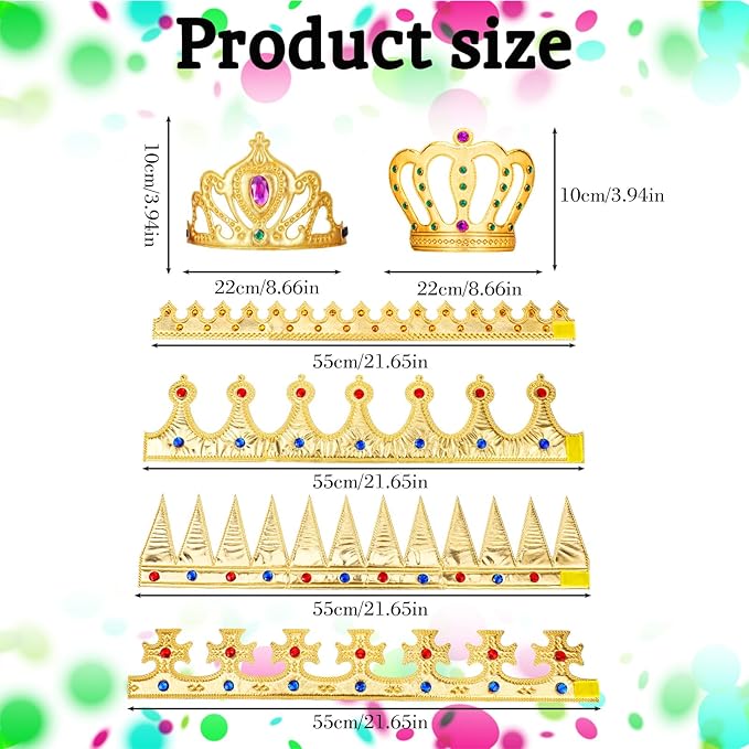 6 Pcs Golden King Crown Set with Gems King Crown Hat Queen Crowns Cap Prince Princess Crowns for Birthday Party Photo Props Halloween Cosplay