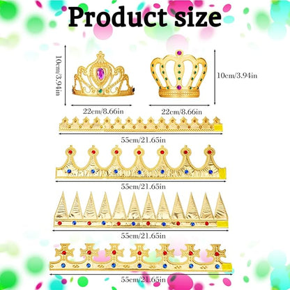 6 Pcs Golden King Crown Set with Gems King Crown Hat Queen Crowns Cap Prince Princess Crowns for Birthday Party Photo Props Halloween Cosplay