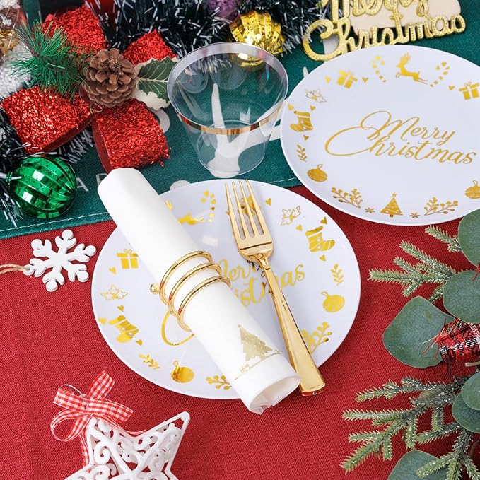 Ciaell 175 Pieces Christmas Plastic Plates - Christmas Gold Plastic Plates include 25Dinner Plate, 25Dessert Plate, 25Knives, 25Forks, 25Spoons, 25cups, 25 Napkins for Xmas Party