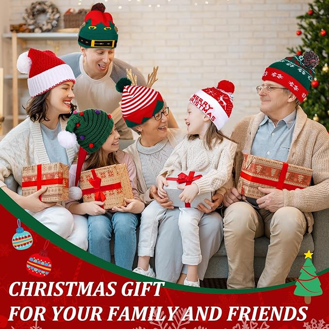 Vicenpal 6 Pcs Christmas Knitted Hat Xmas Beanie Hat Bulk Crochet Knit Cap Set Printed Wool Bulk