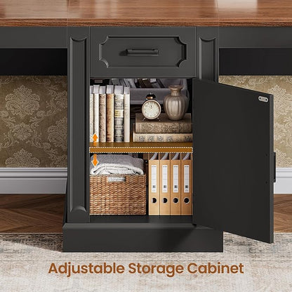 SEDETA Farmhouse 110.3" Two Person Desk with 7 Drawers, Long Computer Desk with Storage Cabinet, 2 Person Desk with Power Outlets for Home Office, Black