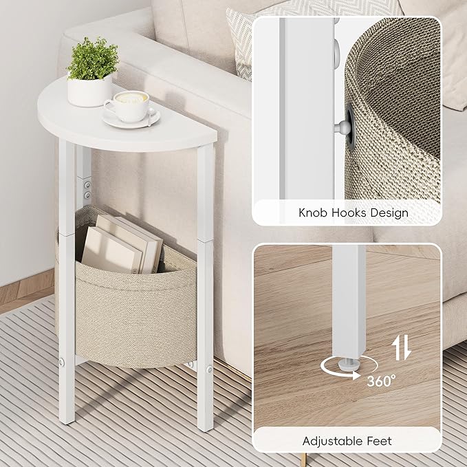 Vagusicc Side Table, Small Round End Table, Tall Accent Table with Storage Basket, Set of 2 Half Round Coffee Tables Half Moon Tables, Bedside Table, Modern Nightstand for Living Room Bedroom, White