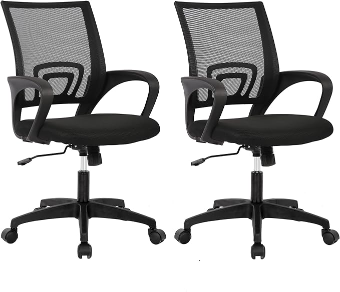 BestOffice | Ergonomic Office Chair | Mid-Back Swivel Desk Chair | Breathable Backrest & Lumbar Support | Adjustable Height | Sponge Seat | Rolling Wheels | Black | for Adults & Women | Pack of 2