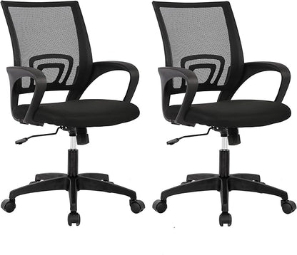 BestOffice | Ergonomic Office Chair | Mid-Back Swivel Desk Chair | Breathable Backrest & Lumbar Support | Adjustable Height | Sponge Seat | Rolling Wheels | Black | for Adults & Women | Pack of 2