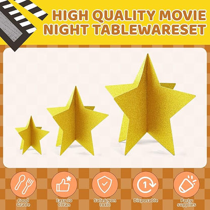70 Pcs Star Centerpieces for Movie Night Party Decorations 3D 2025 Graduation Table Decor 3 Sizes 8" 5" 3" Red Carpet Film Show Theme Birthday Party Back to School Table Decor （Gold）