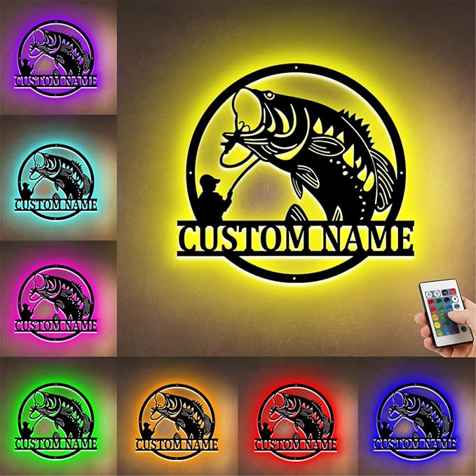 Custom Name LED Bass Fishing Sign - Personalized Wall Art, Anniversary & Valentine's Day Gift