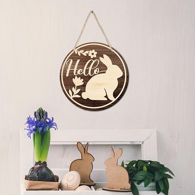 10" Easter Round Wooden Hanging Sign With Sisal Rope - Rustic Bunny Hello Wooden Plaque For Front Door, Porch, Outdoor Indoor, Farmhouse Wall Decor Party Favor & Decorations - B02
